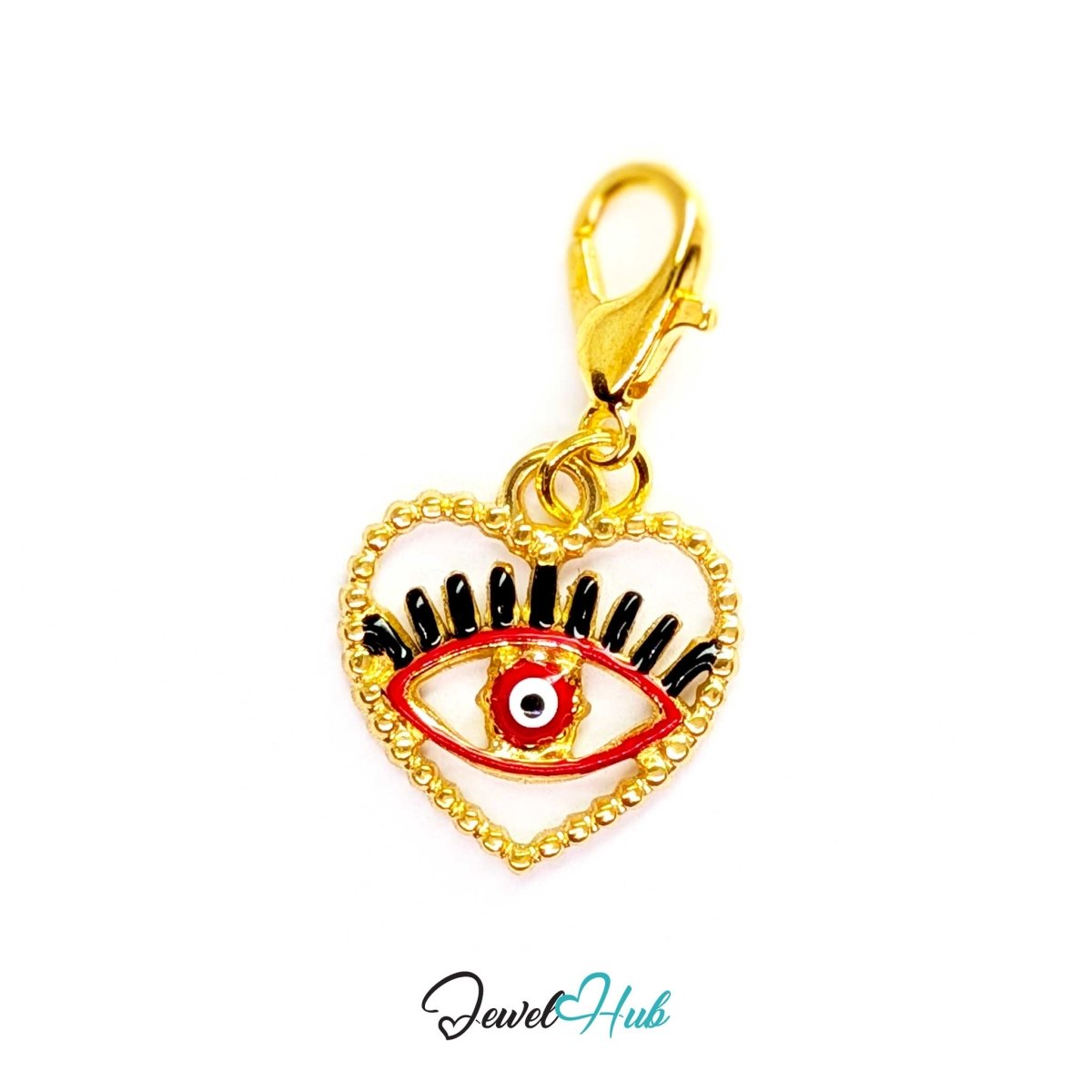Red Hollow Evil Eye charm, gold stainless steel with enamel, fitted with a lobster clasp to clip straight on - JewelHub