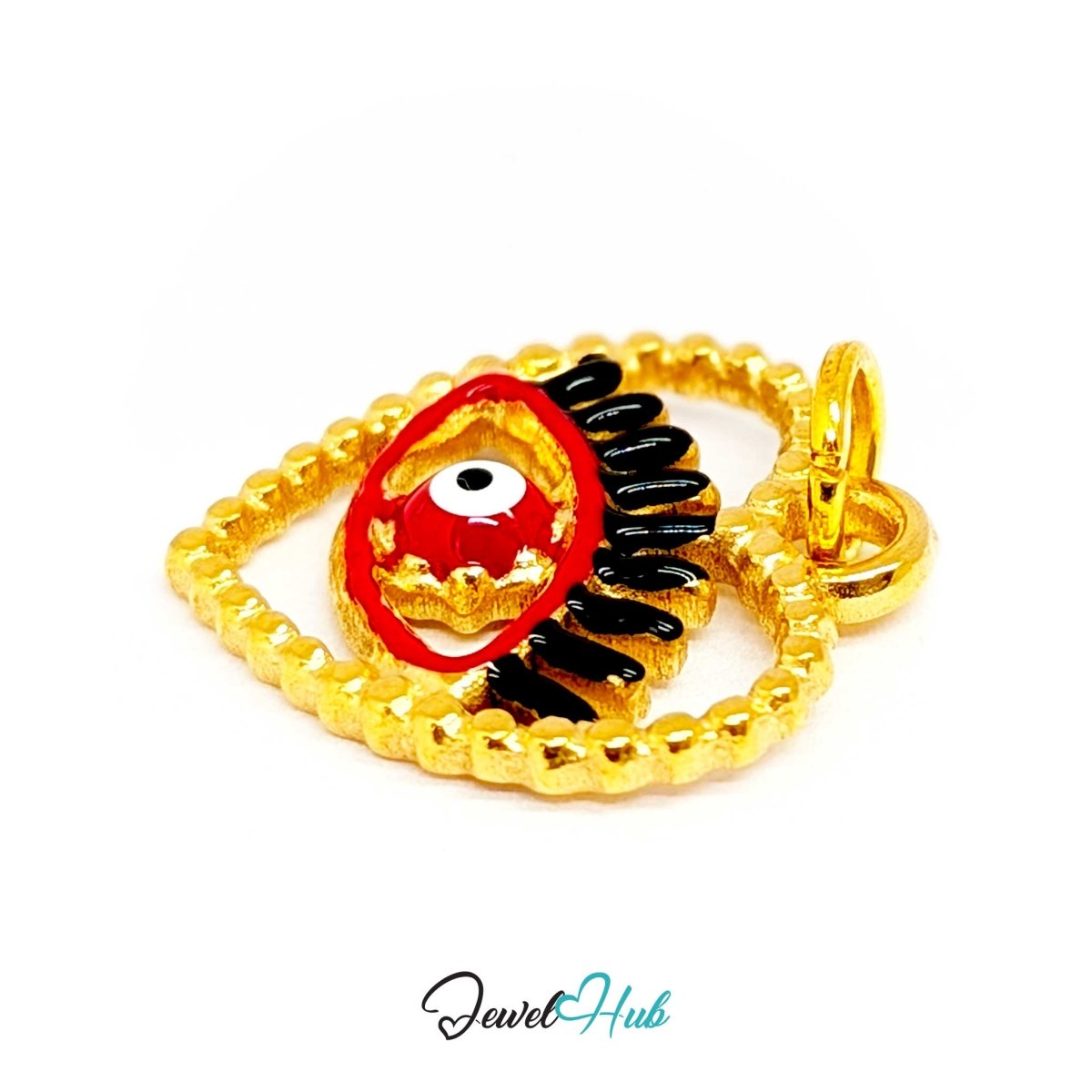 Red Hollow Evil Eye charm tilted, gold stainless steel with enamel - the eye inside its beaded frame - JewelHub