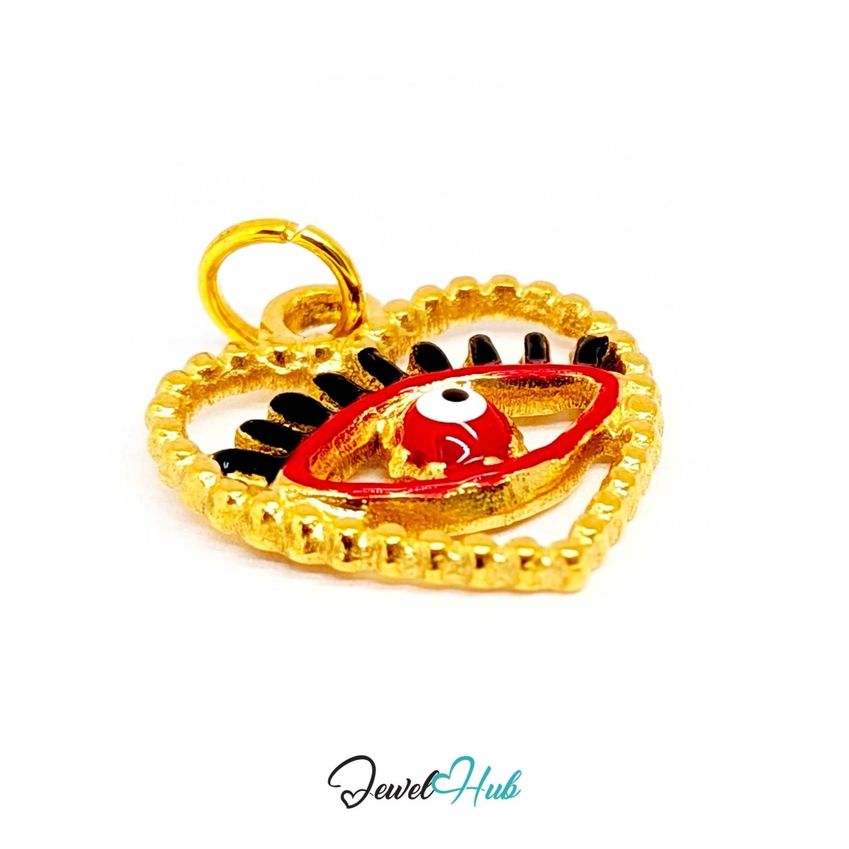Red Hollow Evil Eye charm at an angle, gold stainless steel with enamel - the eye inside its beaded frame - JewelHub