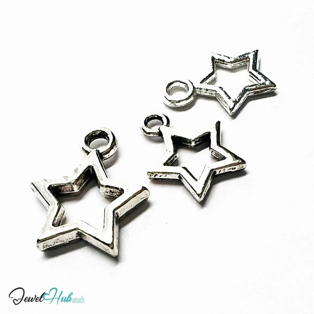 Hollow Star Trio MiniCharms – Silver - Plated Heartline Detail | Necklace or Bracelet Options | Zinc Alloy Jewellery - JewelHub.co.uk