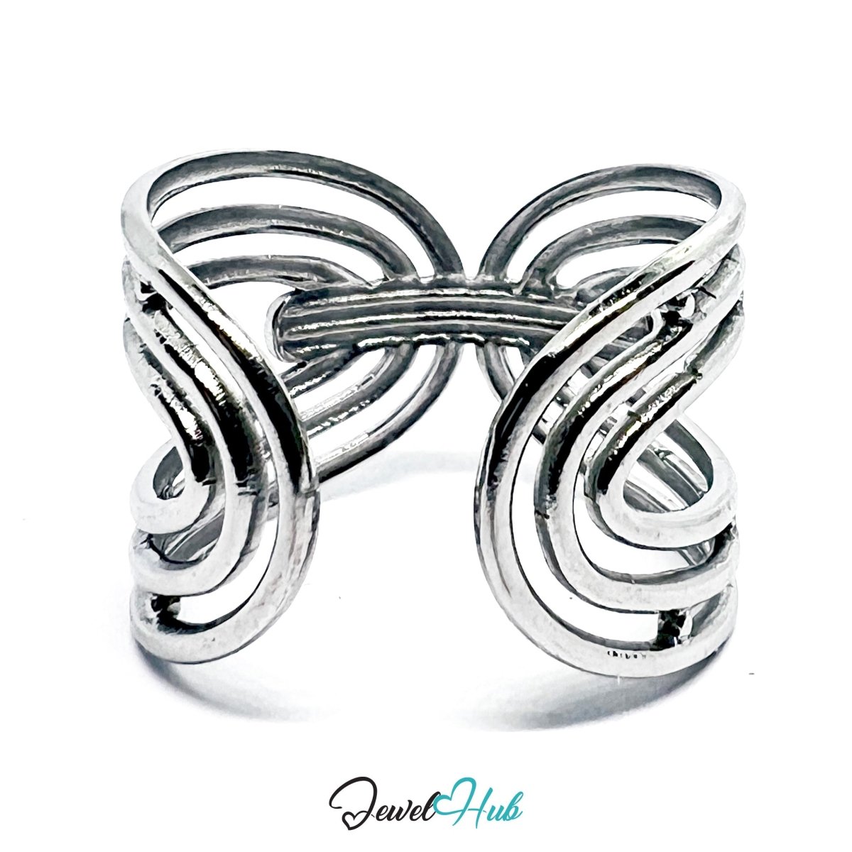 Interwoven Stainless Steel Silver Silver Ring – Sculptural Open Loop - JewelHub.co.uk