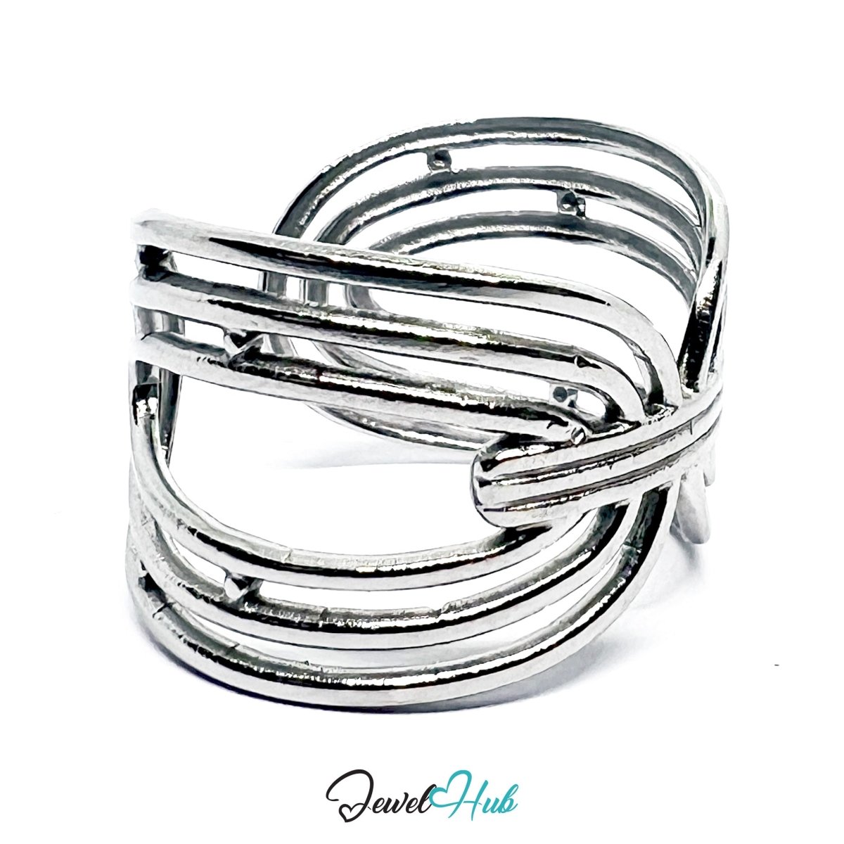 Interwoven Stainless Steel Silver Silver Ring – Sculptural Open Loop - JewelHub.co.uk