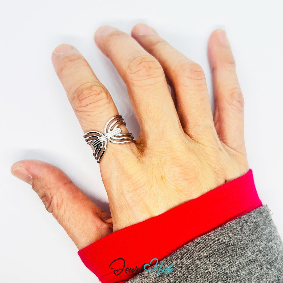 Interwoven Stainless Steel Silver Silver Ring – Sculptural Open Loop - JewelHub.co.uk