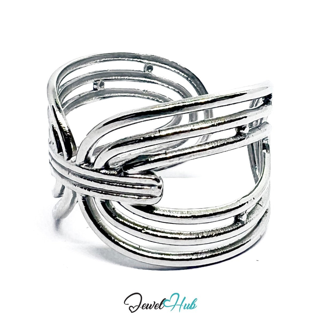 Interwoven Stainless Steel Silver Silver Ring – Sculptural Open Loop - JewelHub.co.uk