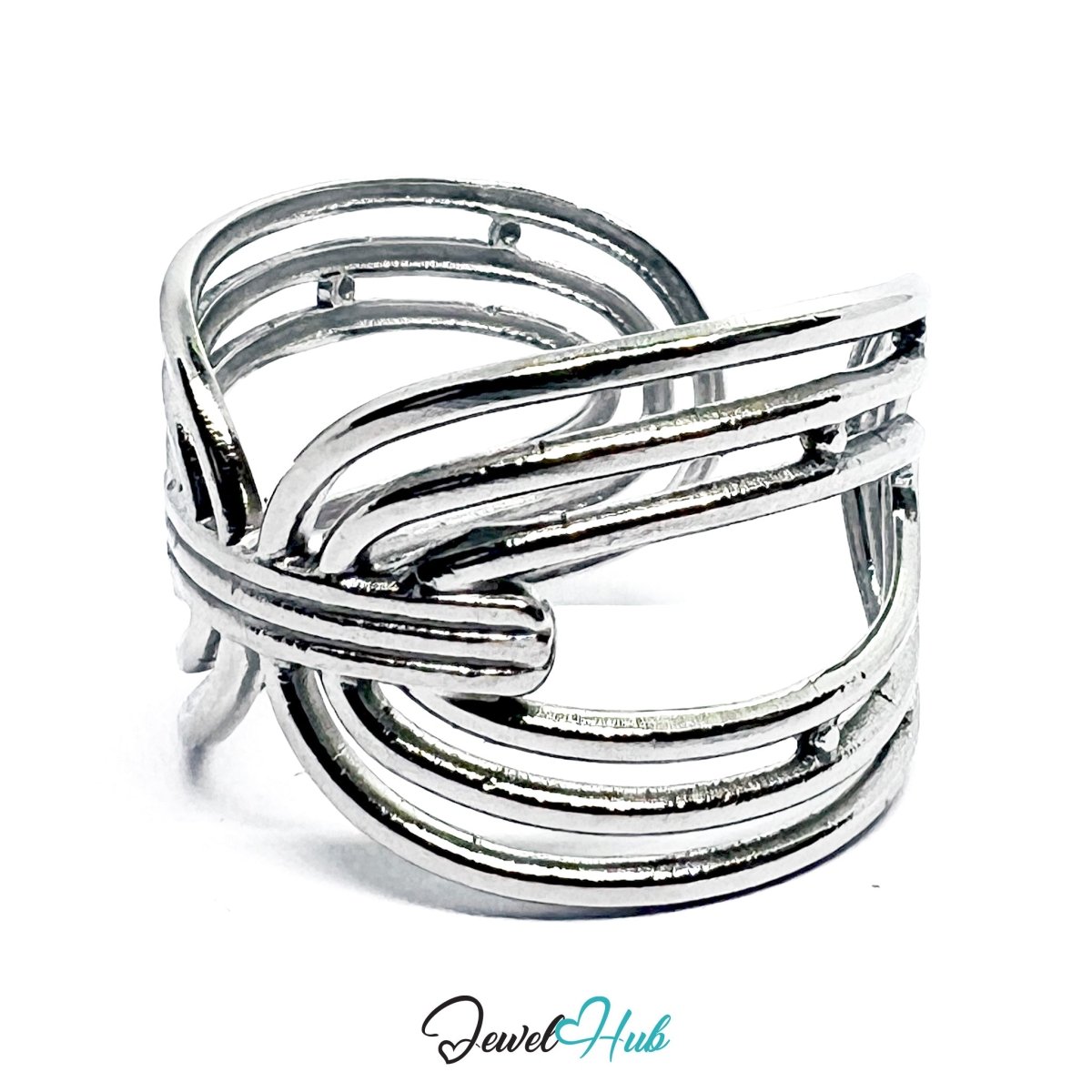 Interwoven Stainless Steel Silver Silver Ring – Sculptural Open Loop - JewelHub.co.uk