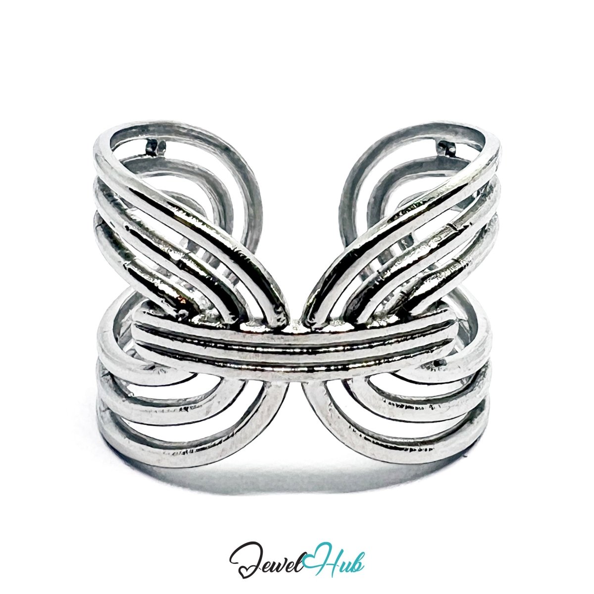 Interwoven Stainless Steel Silver Silver Ring – Sculptural Open Loop - JewelHub.co.uk