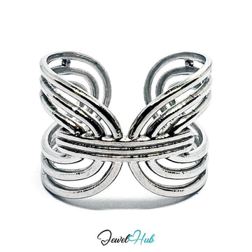 Interwoven Stainless Steel Silver Silver Ring – Sculptural Open Loop - JewelHub.co.uk