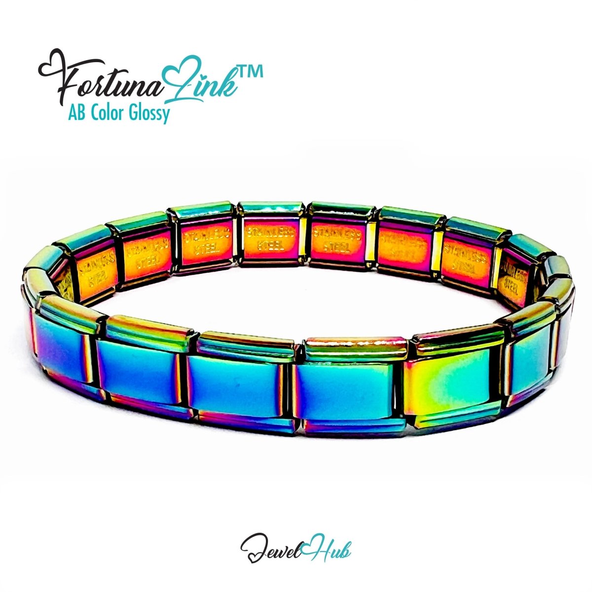 Italian Charm Bracelet by FortunaLink™ AB Iridescent Finish, 18 Hallmarked Stainless Steel Links - JewelHub.co.uk