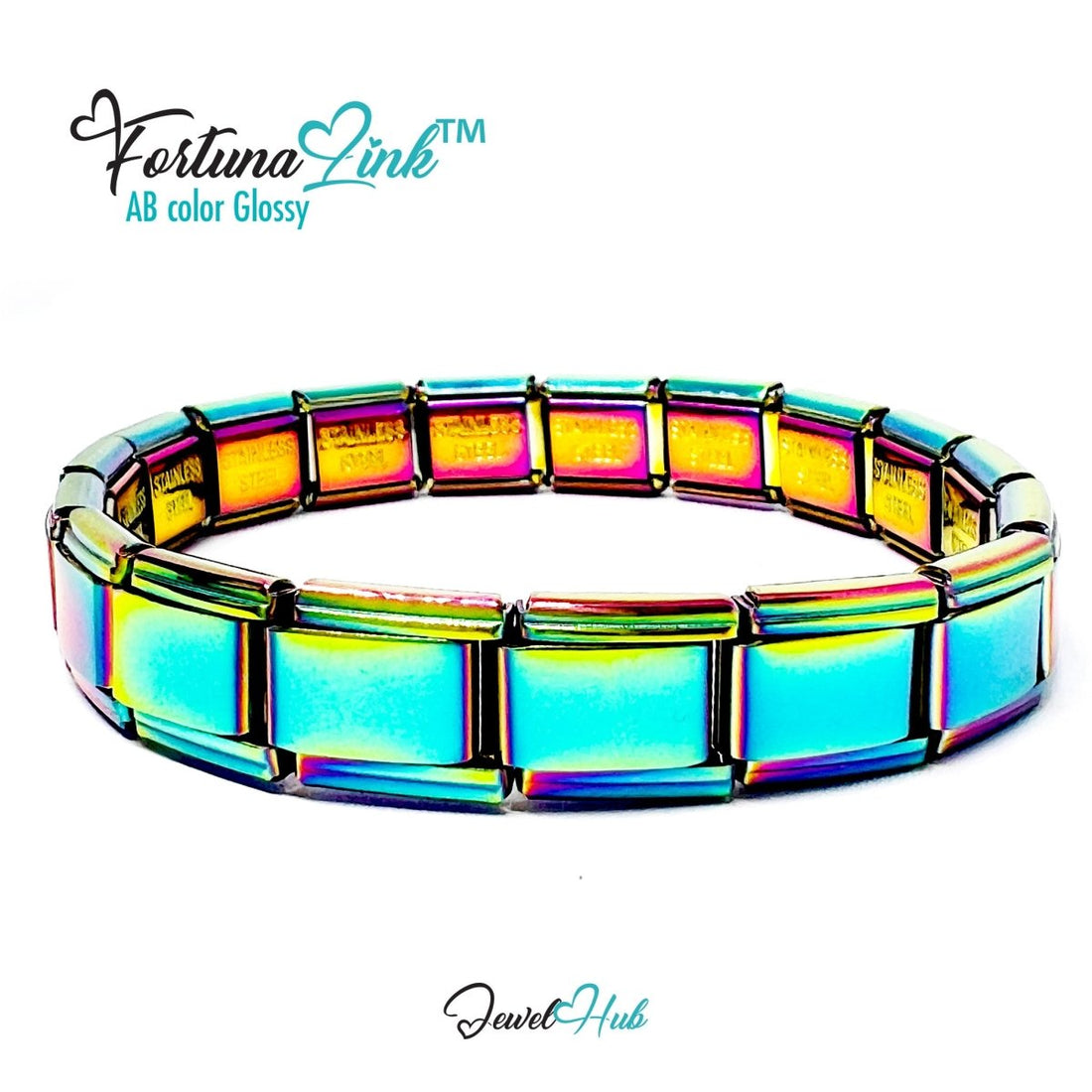 Italian Charm Bracelet by FortunaLink™ AB Iridescent Finish, 18 Hallmarked Stainless Steel Links - JewelHub.co.uk