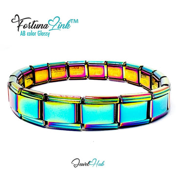 Italian Charm Bracelet by FortunaLink™ AB Iridescent Finish, 18 Hallmarked Stainless Steel Links - JewelHub.co.uk