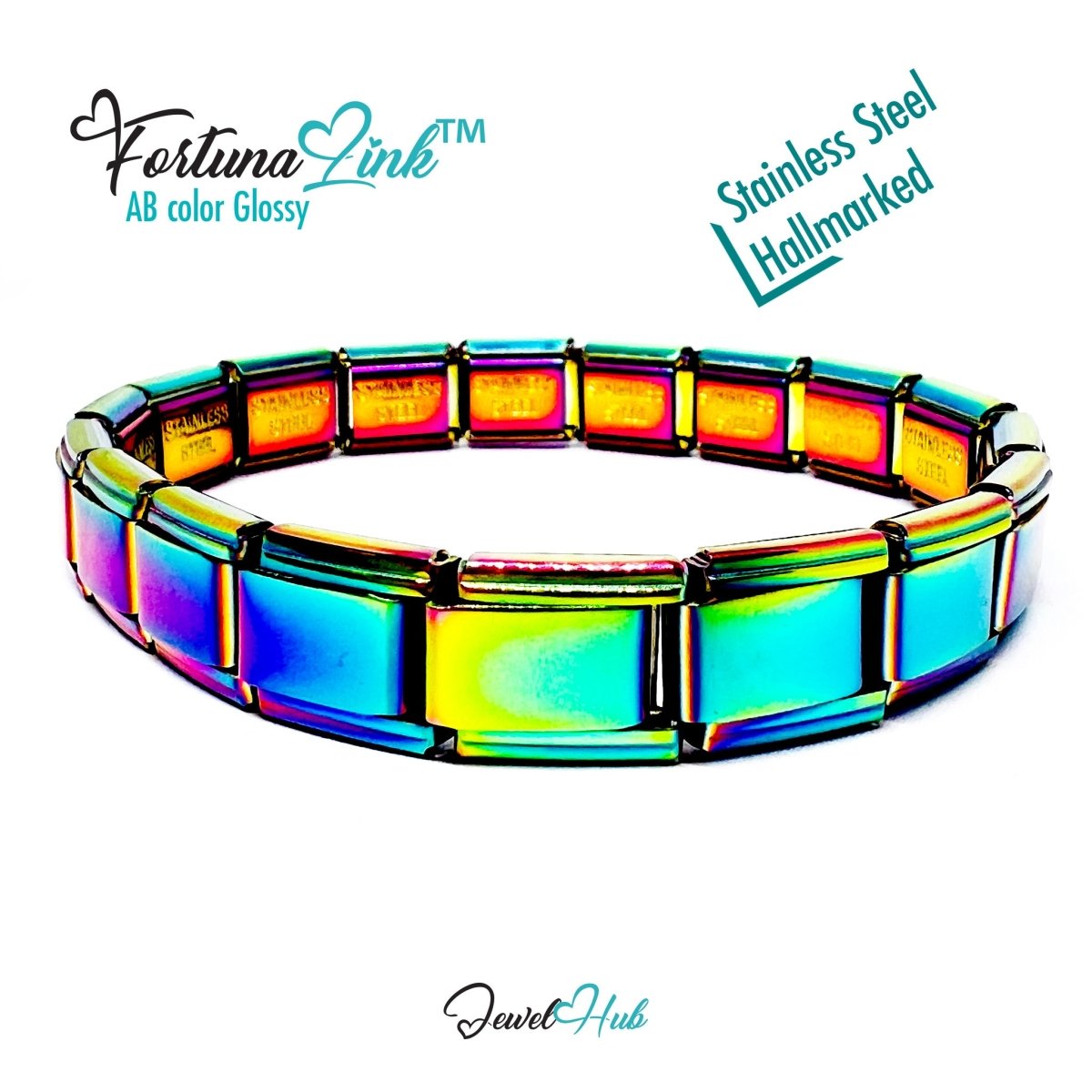 Italian Charm Bracelet by FortunaLink™ AB Iridescent Finish, 18 Hallmarked Stainless Steel Links - JewelHub.co.uk
