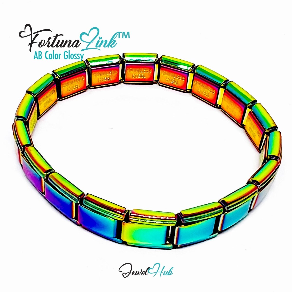 Italian Charm Bracelet by FortunaLink™ AB Iridescent Finish, 18 Hallmarked Stainless Steel Links - JewelHub.co.uk