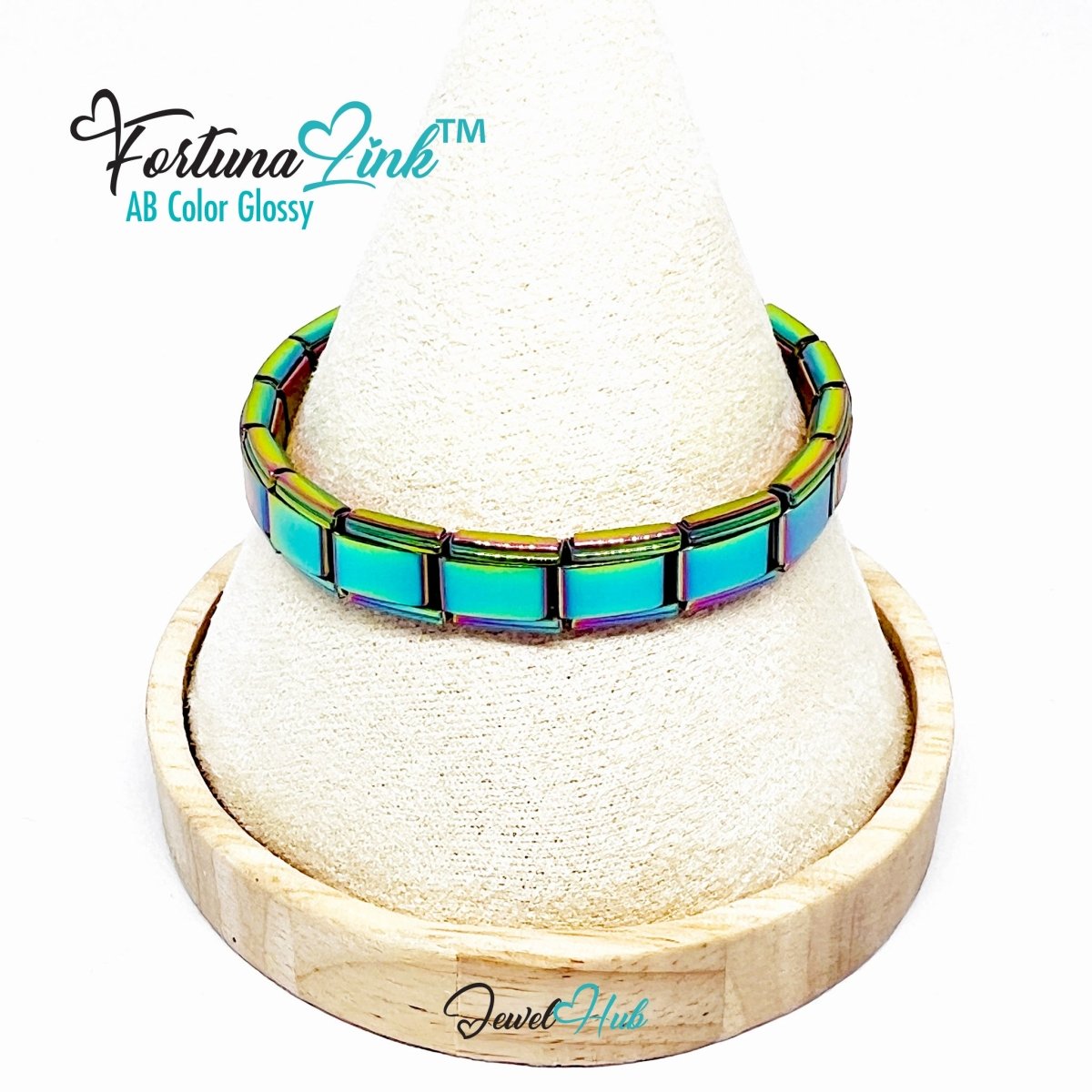 Italian Charm Bracelet by FortunaLink™ AB Iridescent Finish, 18 Hallmarked Stainless Steel Links - JewelHub.co.uk