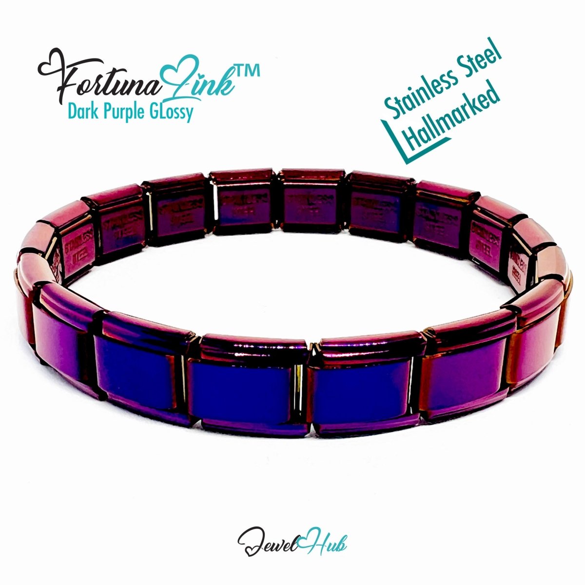 Italian Charm Bracelet by FortunaLink™ Dark Purple Glossy Finish, 18 Hallmarked Stainless Steel Links (Copy) - JewelHub.co.uk