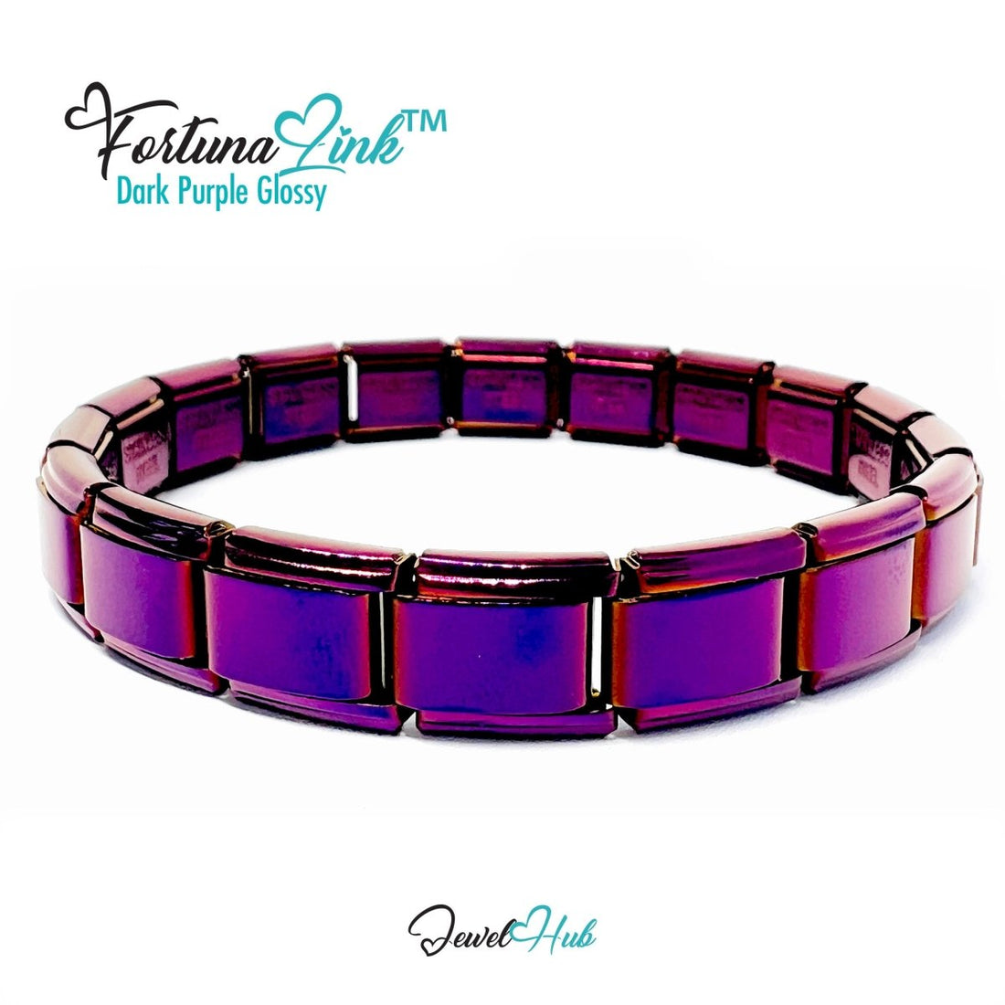 Italian Charm Bracelet by FortunaLink™ Dark Purple Glossy Finish, 18 Hallmarked Stainless Steel Links (Copy) - JewelHub.co.uk