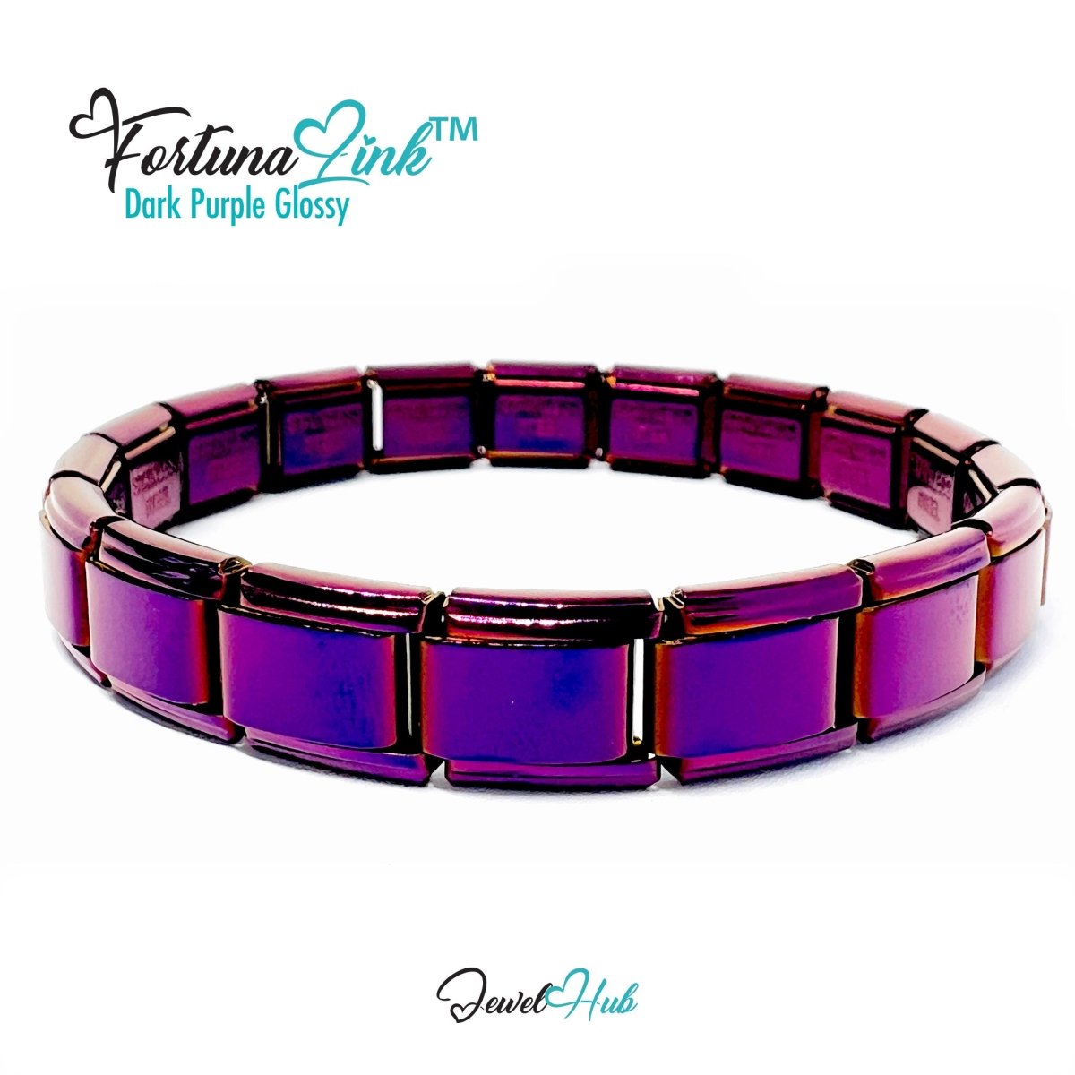 Italian Charm Bracelet by FortunaLink™ Dark Purple Glossy Finish, 18 Hallmarked Stainless Steel Links (Copy) - JewelHub.co.uk