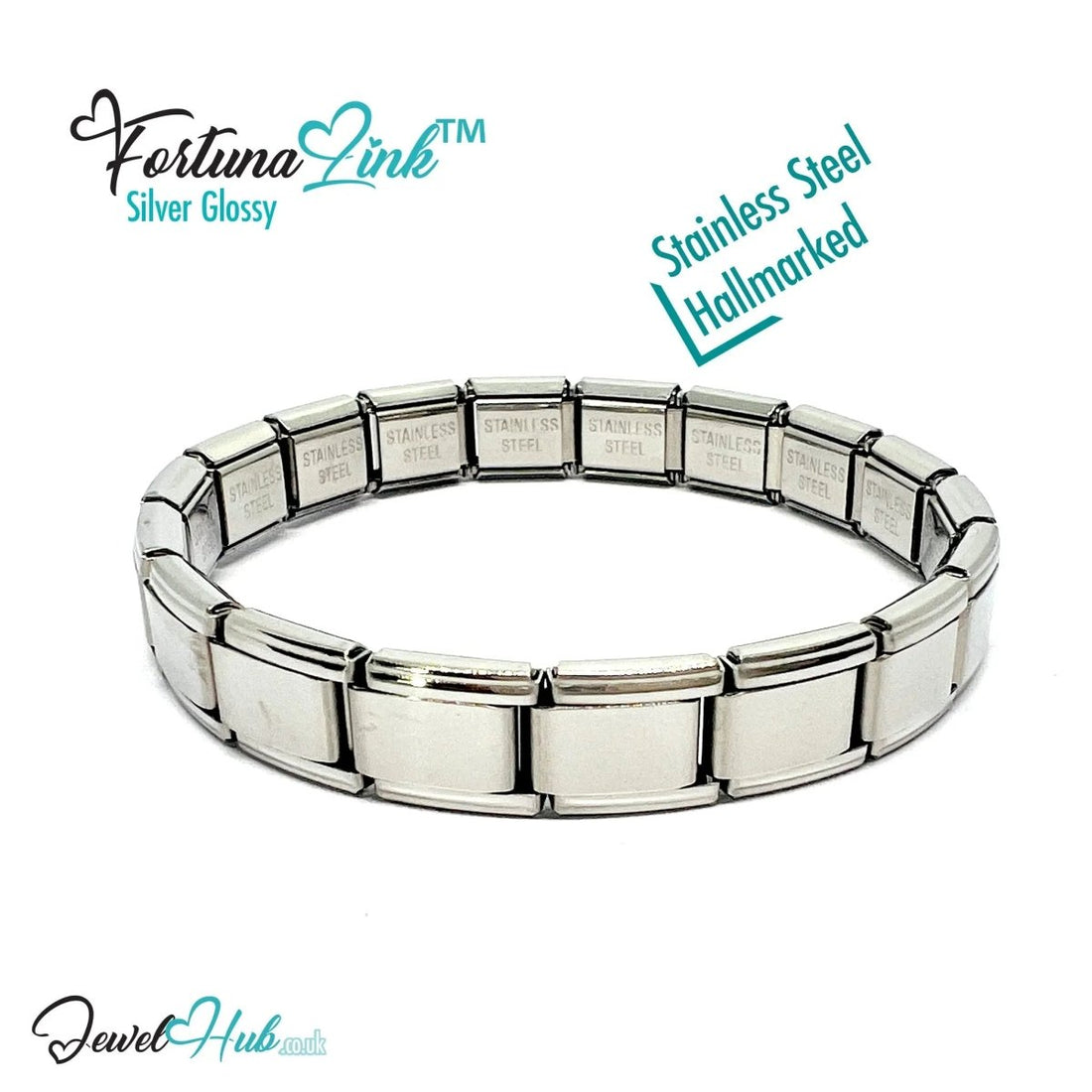 Italian Charm Bracelet by FortunaLink™ Silver Glossy Finish, 18 Hallmarked Stainless Steel Links - JewelHub.co.uk