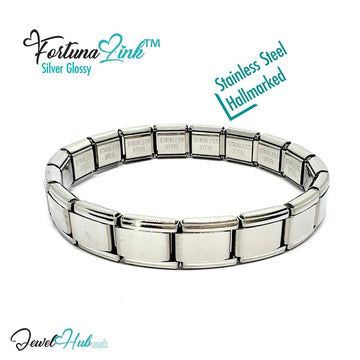 Italian Charm Bracelet by FortunaLink™ Silver Glossy Finish, 18 Hallmarked Stainless Steel Links - JewelHub.co.uk