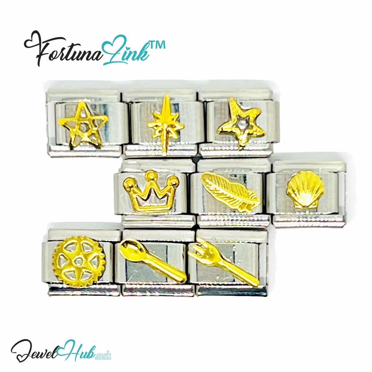 Italian Charm Bracelet (Gold) FortunaLink™ Stainless Steel Designs for Daily Meaning & Modular Style - JewelHub.co.uk