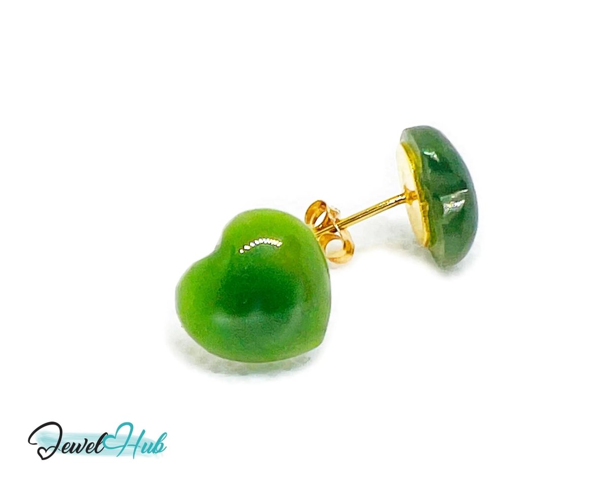 Jade Stud Earrings in 14k (585) Yellow Solid Gold Heart - Shaped - JewelHub.co.uk