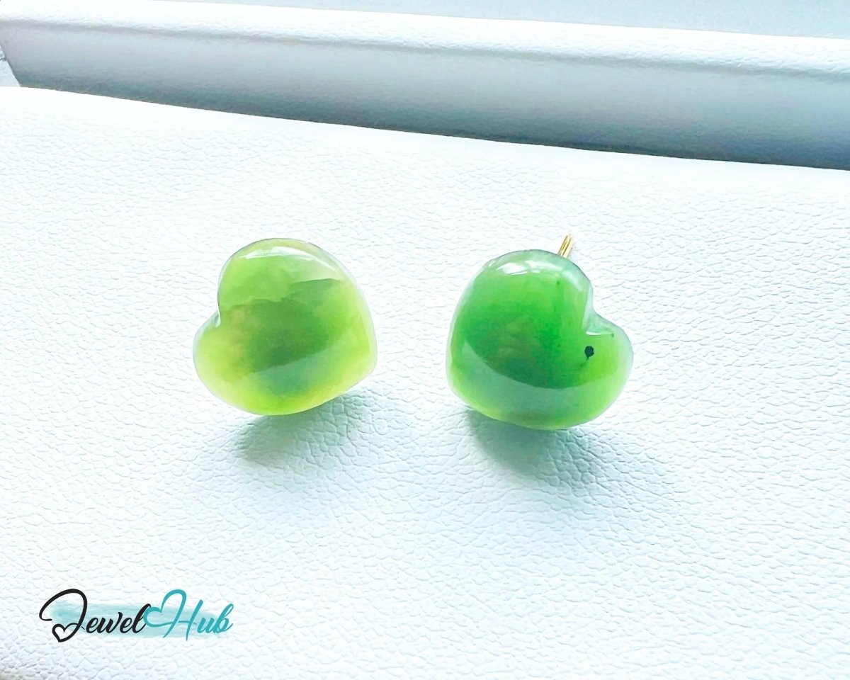 Jade Stud Earrings in 14k (585) Yellow Solid Gold Heart - Shaped - JewelHub.co.uk