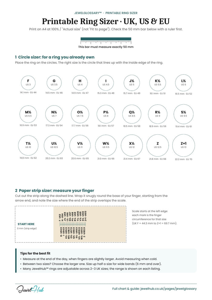 Printable ring sizer A4 PDF – ring size circle chart and paper finger strip for UK, US and EU ring sizes – JewelHub