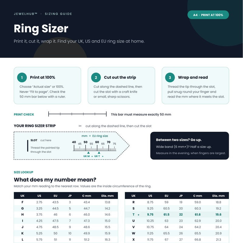 JewelHub printable ring sizer with a cut-out strip, UK, US and EU size table and an actual-size circle chart