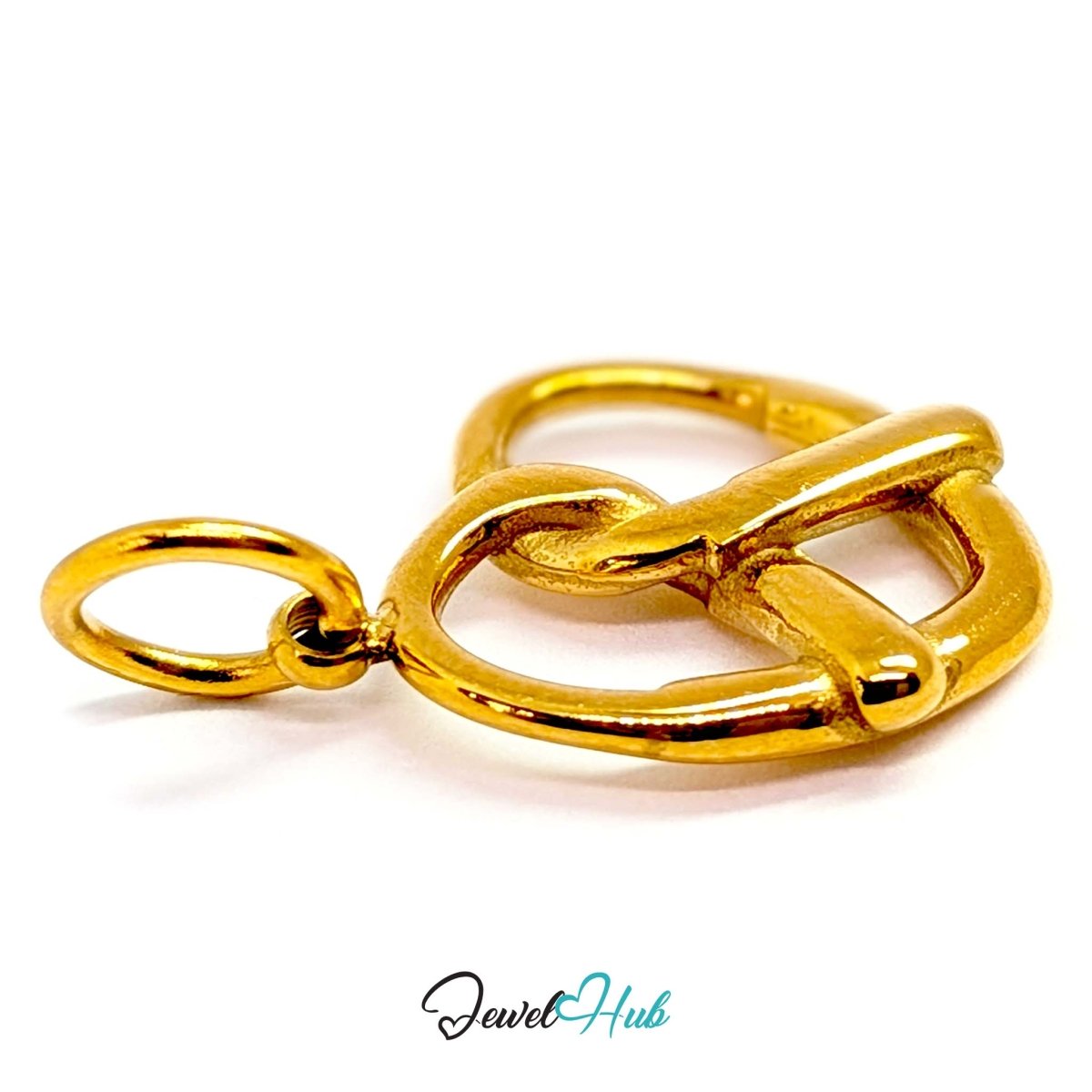 Large openwork pretzel charm in gold stainless steel - three-quarter view - JewelHub