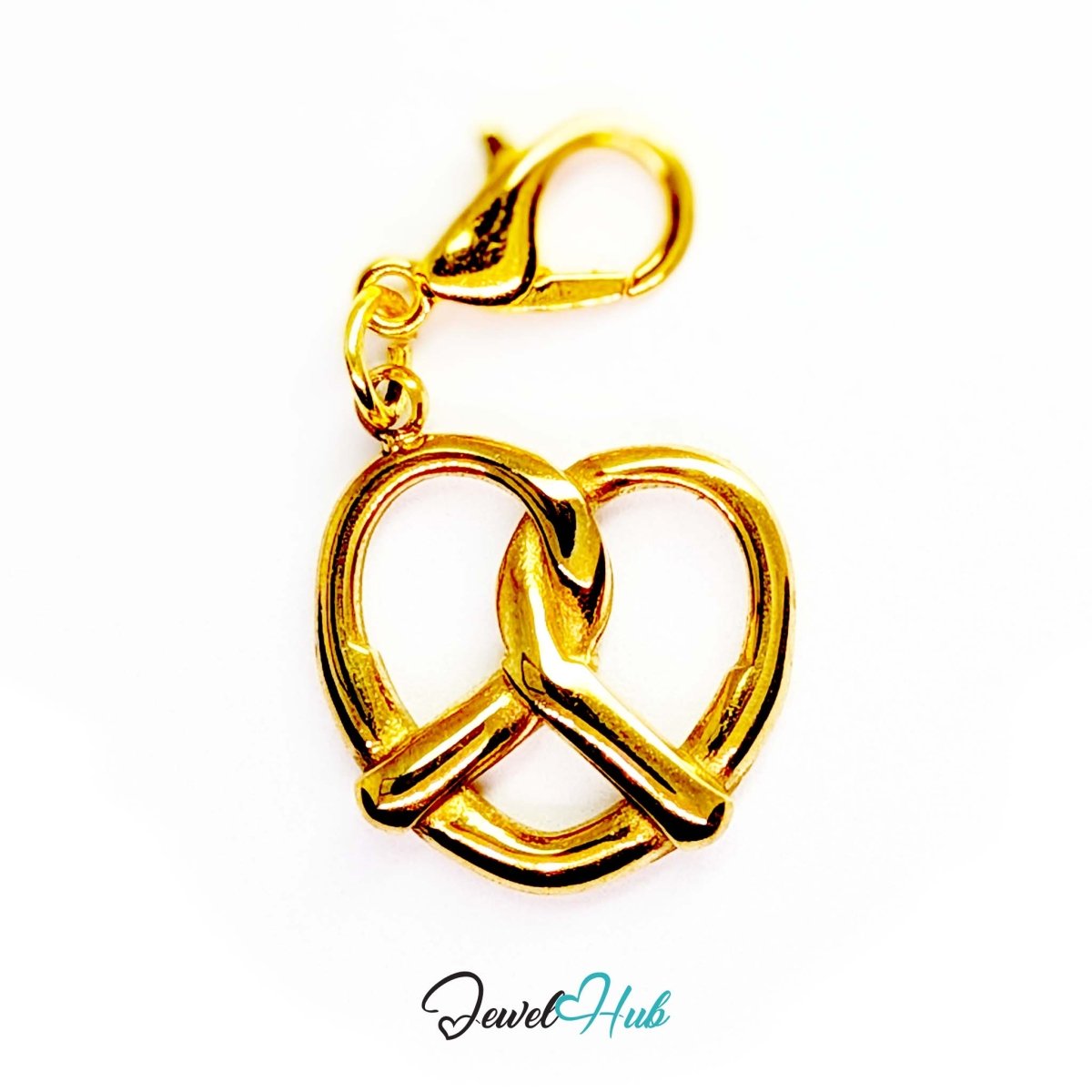 Large openwork pretzel charm in gold stainless steel - shown with the lobster clasp attached - JewelHub