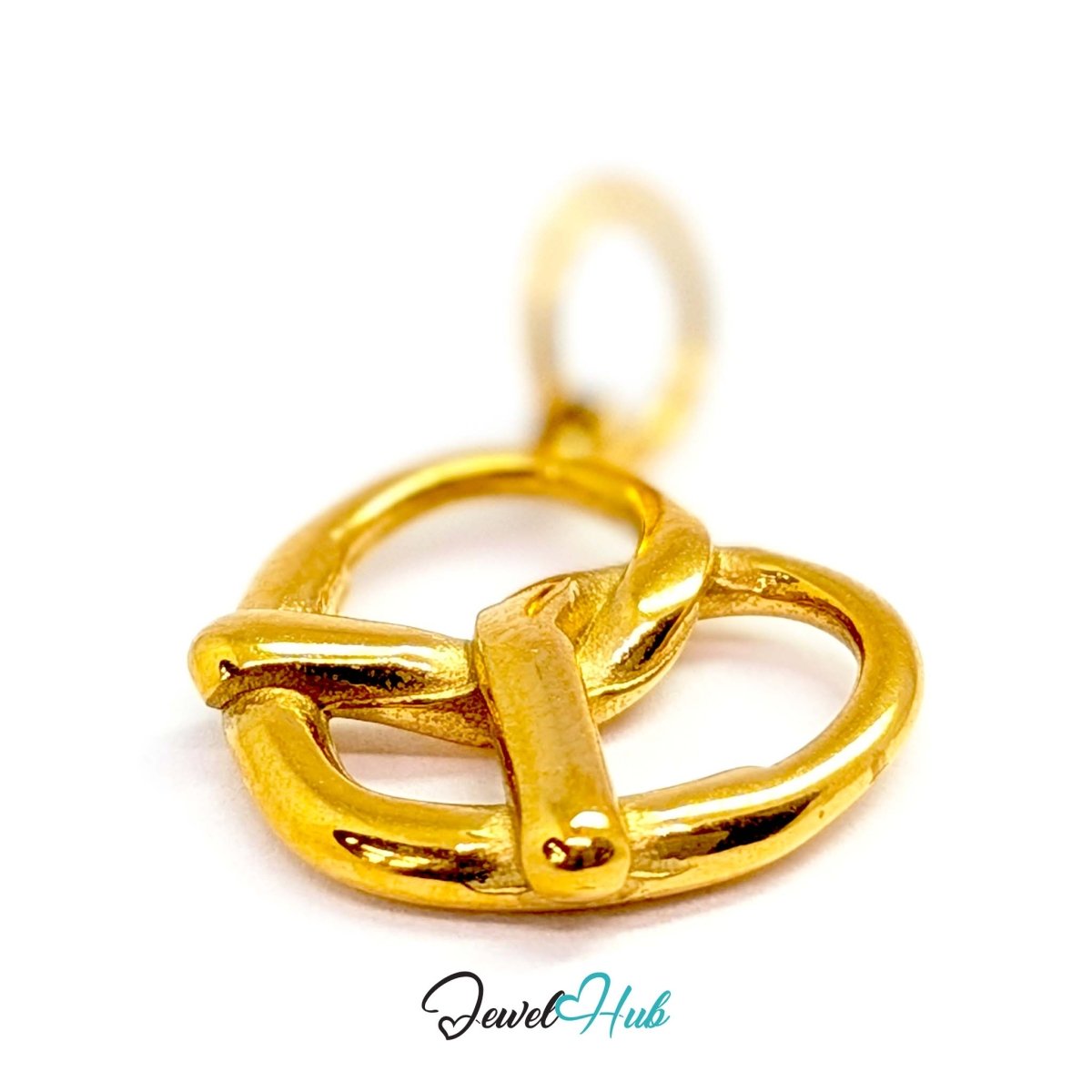 Large openwork pretzel charm in gold stainless steel - angled view - JewelHub