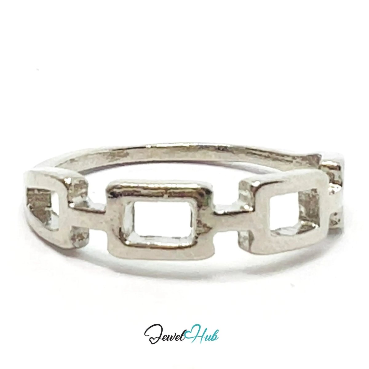 Link Band Ring ▫️ Zinc Alloy · UK O · US 7.5 · Rectangular Cutout Motif · Silver - Tone Finish - JewelHub.co.uk