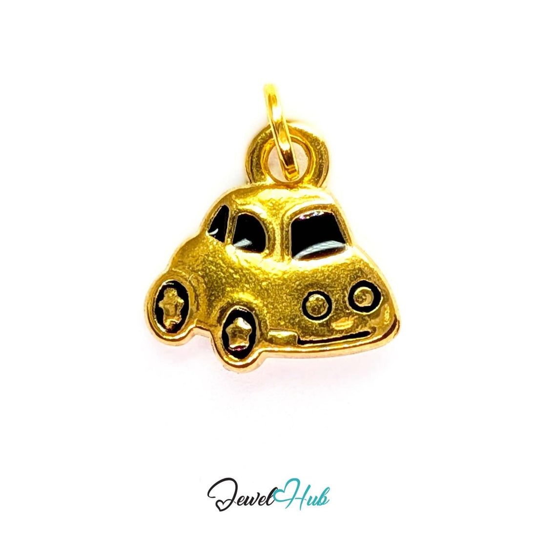 Little car charm in gold stainless steel with black enamel - front view - JewelHub