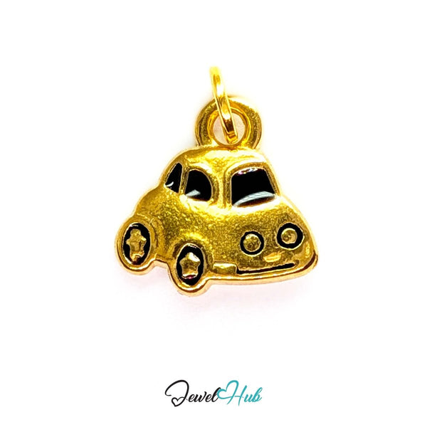 Little car charm in gold stainless steel with black enamel - front view - JewelHub