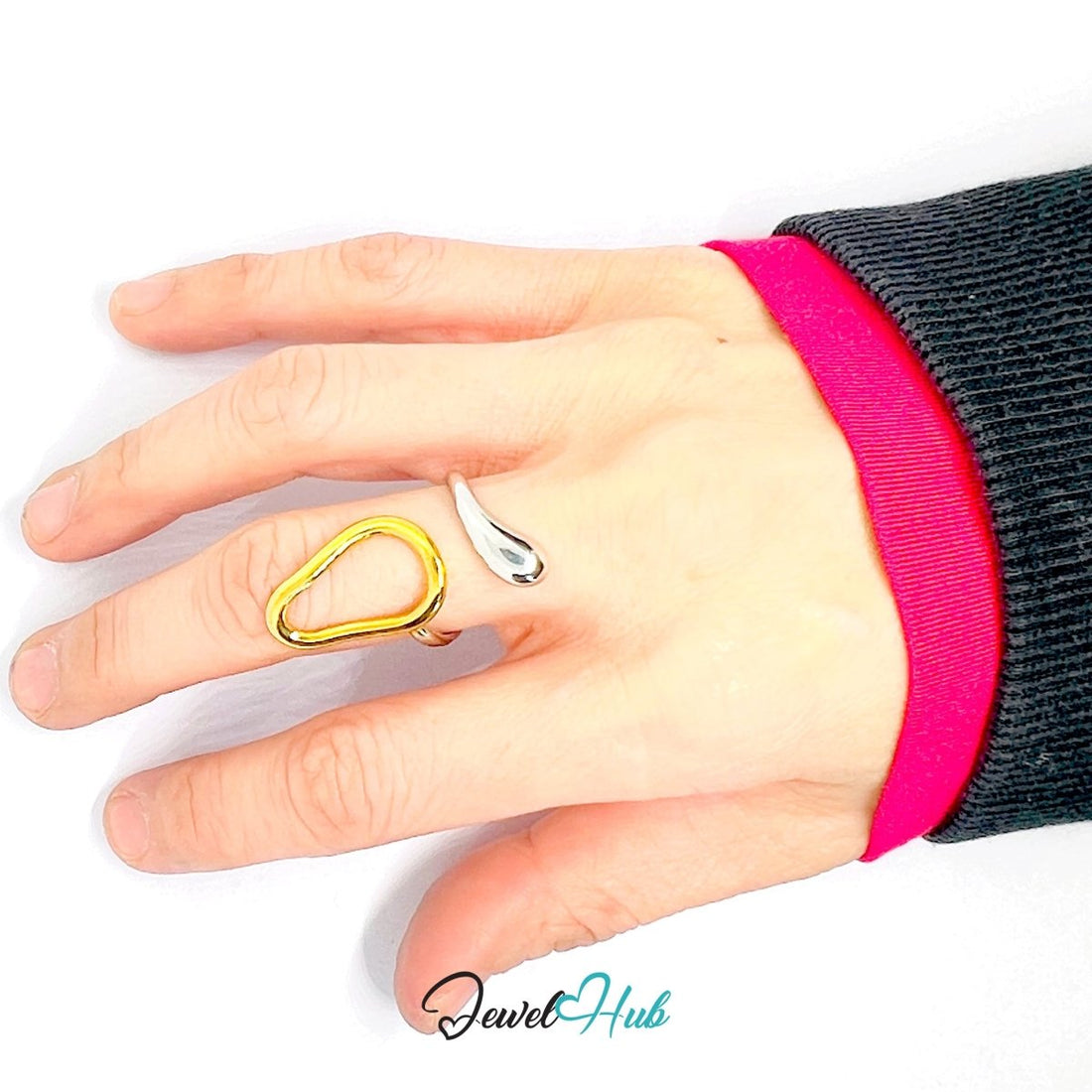 Loop DuoTone Ring · Stainless Steel · Adjustable MNOPQ · Abstract Gold & Silver Band - JewelHub.co.uk