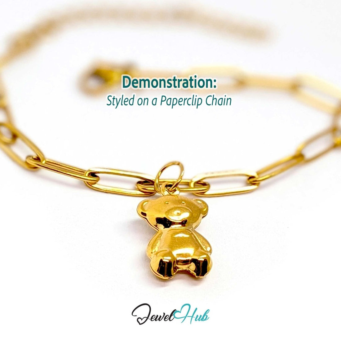 Gold mini Classic Bear charm styled on a gold paperclip chain bracelet - JewelHub
