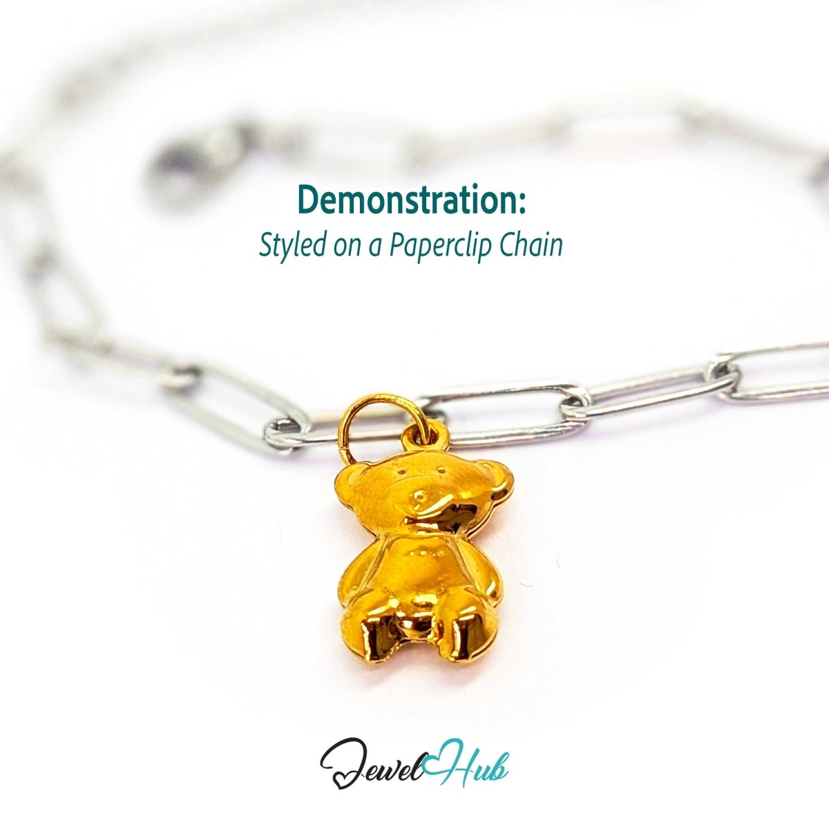 Gold mini Classic Bear charm styled on a silver paperclip chain bracelet for a two-tone look - JewelHub
