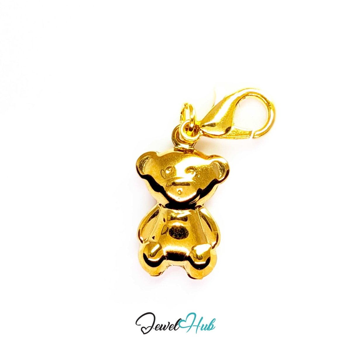 Gold Mini Classic Bear charm fitted with a lobster clasp, ready to clip onto a bracelet, bag or keyring - JewelHub