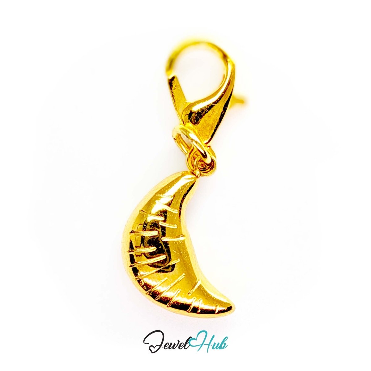 Mini croissant charm in gold stainless steel - shown with the lobster clasp attached - JewelHub