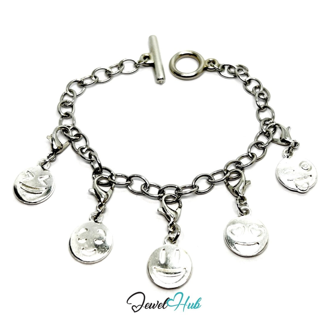 Black beaded bracelet with silver charm pendants on a white background, branded 'Jewel Hub'.