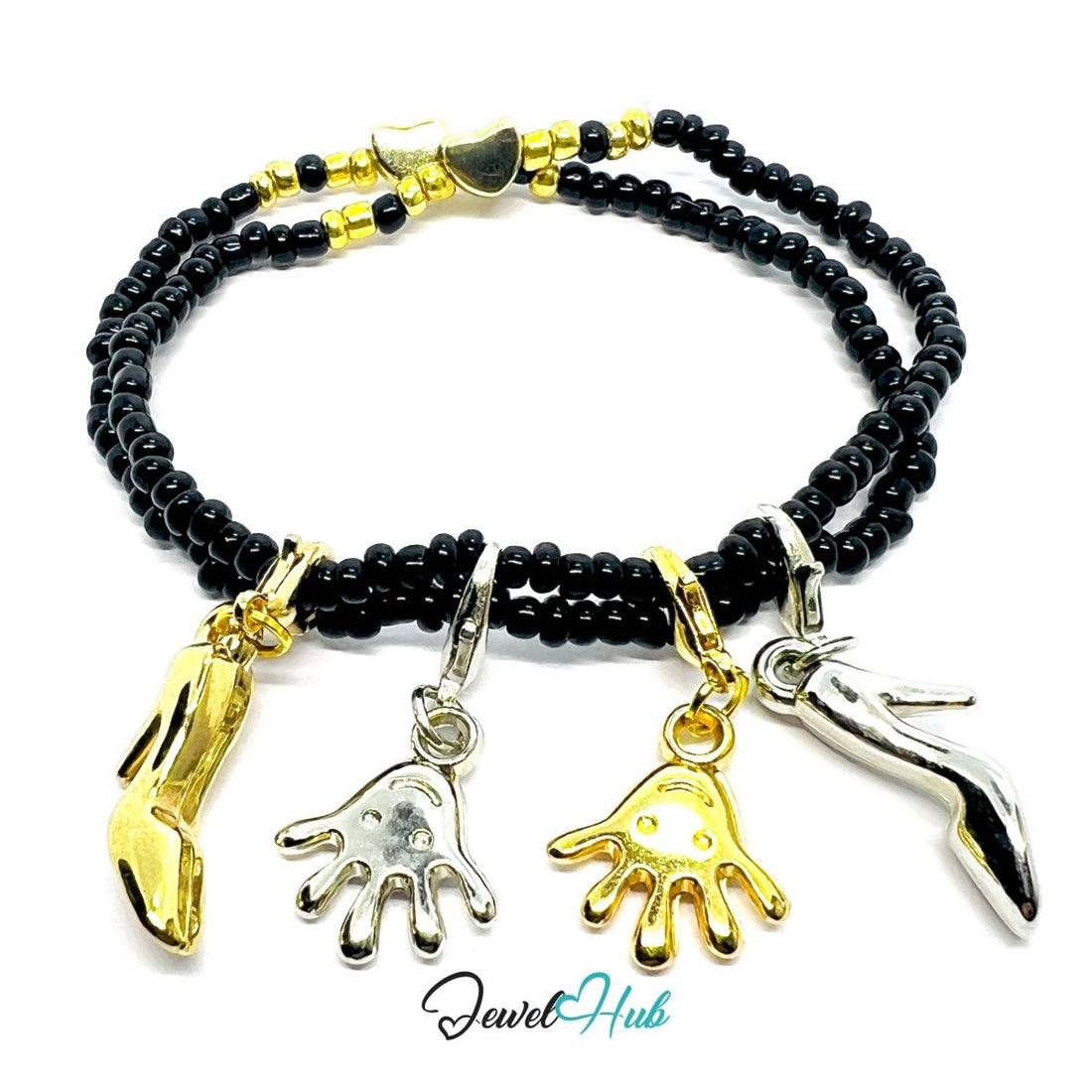 Gold bracelet with shoe and hand charm on a white background, branded 'Jewel Hub'.
