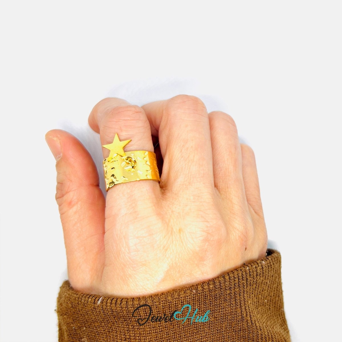 MiniCharm Ring – Gold - Toned 304 Stainless Steel with Big Star Charm - JewelHub.co.uk