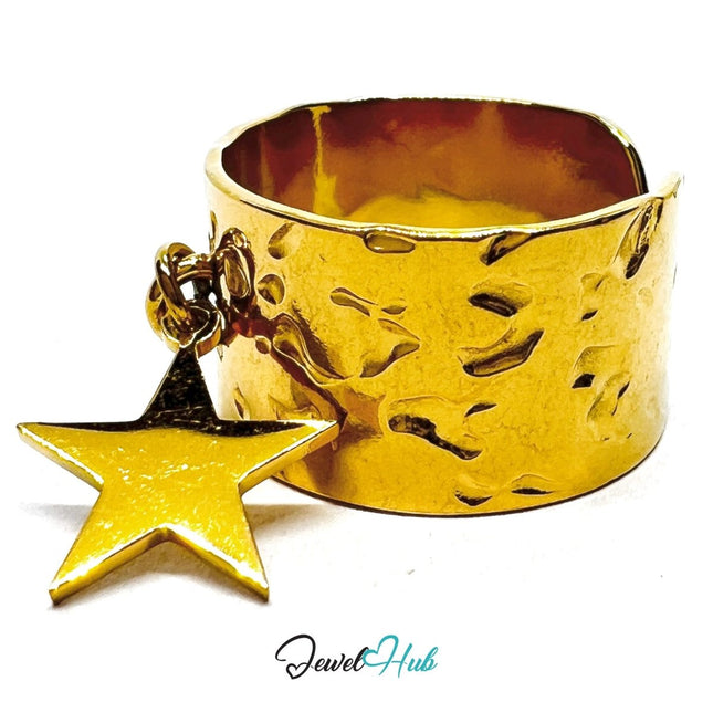 MiniCharm Ring – Gold - Toned 304 Stainless Steel with Big Star Charm - JewelHub.co.uk