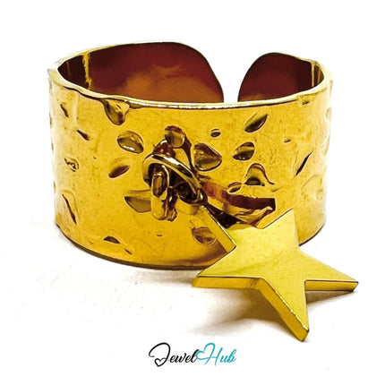 MiniCharm Ring – Gold - Toned 304 Stainless Steel with Big Star Charm - JewelHub.co.uk