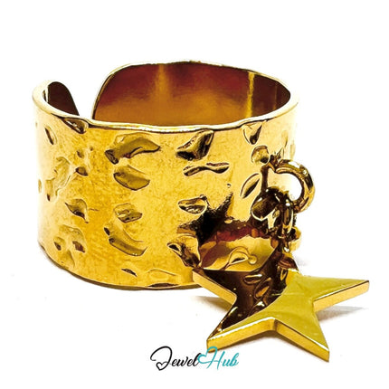 MiniCharm Ring – Gold - Toned 304 Stainless Steel with Big Star Charm - JewelHub.co.uk