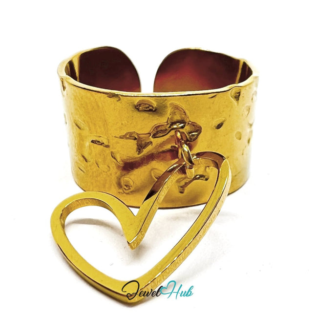 MiniCharm Ring – Gold - Toned 304 Stainless Steel with Sculptural Heart Charm - JewelHub.co.uk