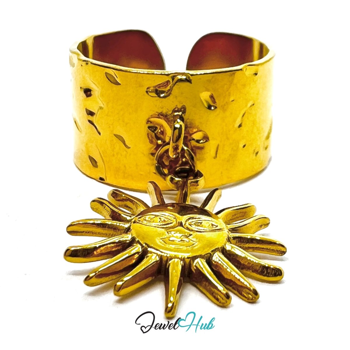 MiniCharm Ring – Gold - Toned 304 Stainless Steel with Sculptural Sun Charm - JewelHub.co.uk