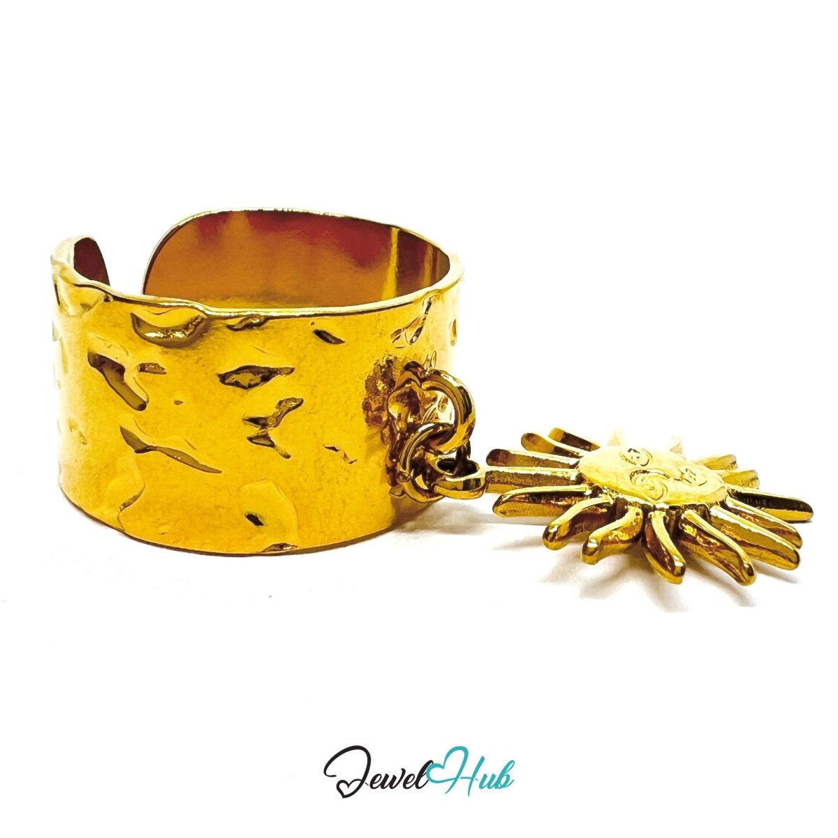 MiniCharm Ring – Gold - Toned 304 Stainless Steel with Sculptural Sun Charm - JewelHub.co.uk