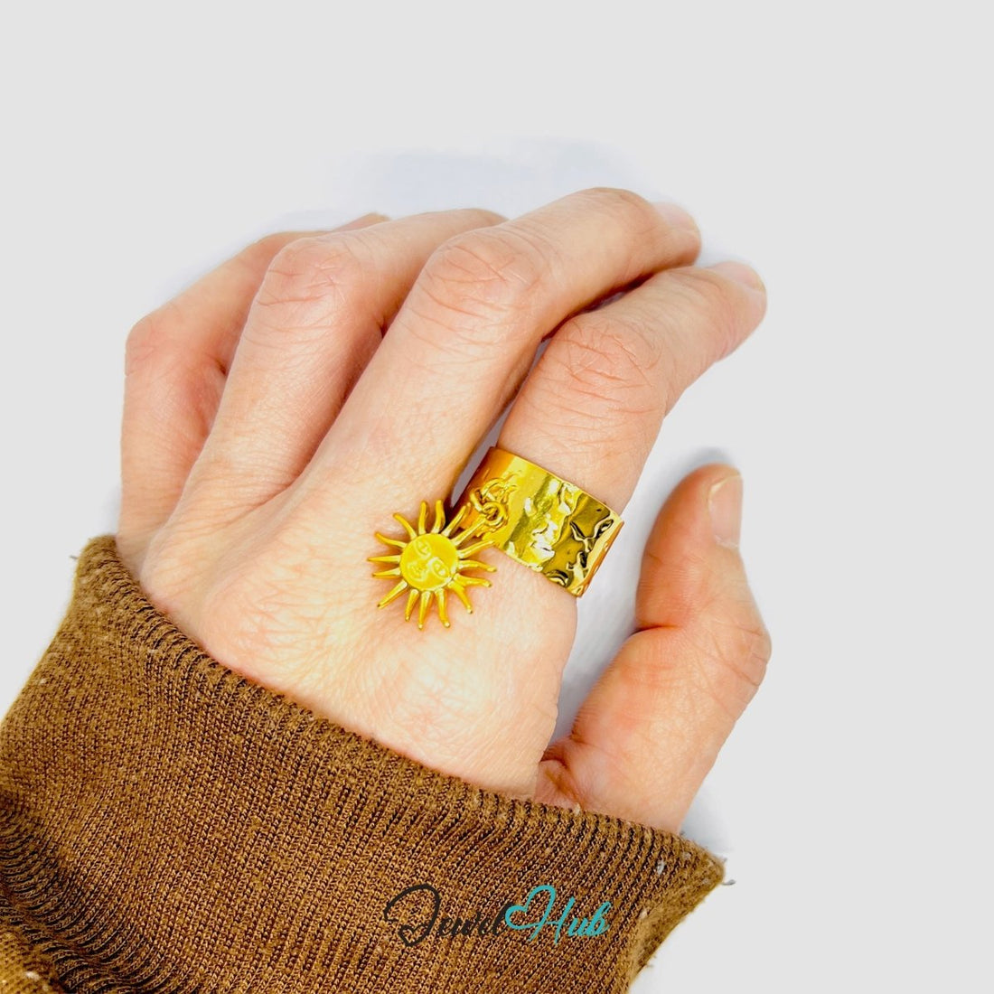 MiniCharm Ring – Gold - Toned 304 Stainless Steel with Sculptural Sun Charm - JewelHub.co.uk