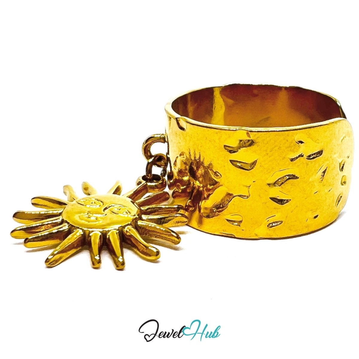 MiniCharm Ring – Gold - Toned 304 Stainless Steel with Sculptural Sun Charm - JewelHub.co.uk