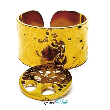 MiniCharm Ring – Gold - Toned 304 Stainless Steel with Tree of Life Charm - JewelHub.co.uk